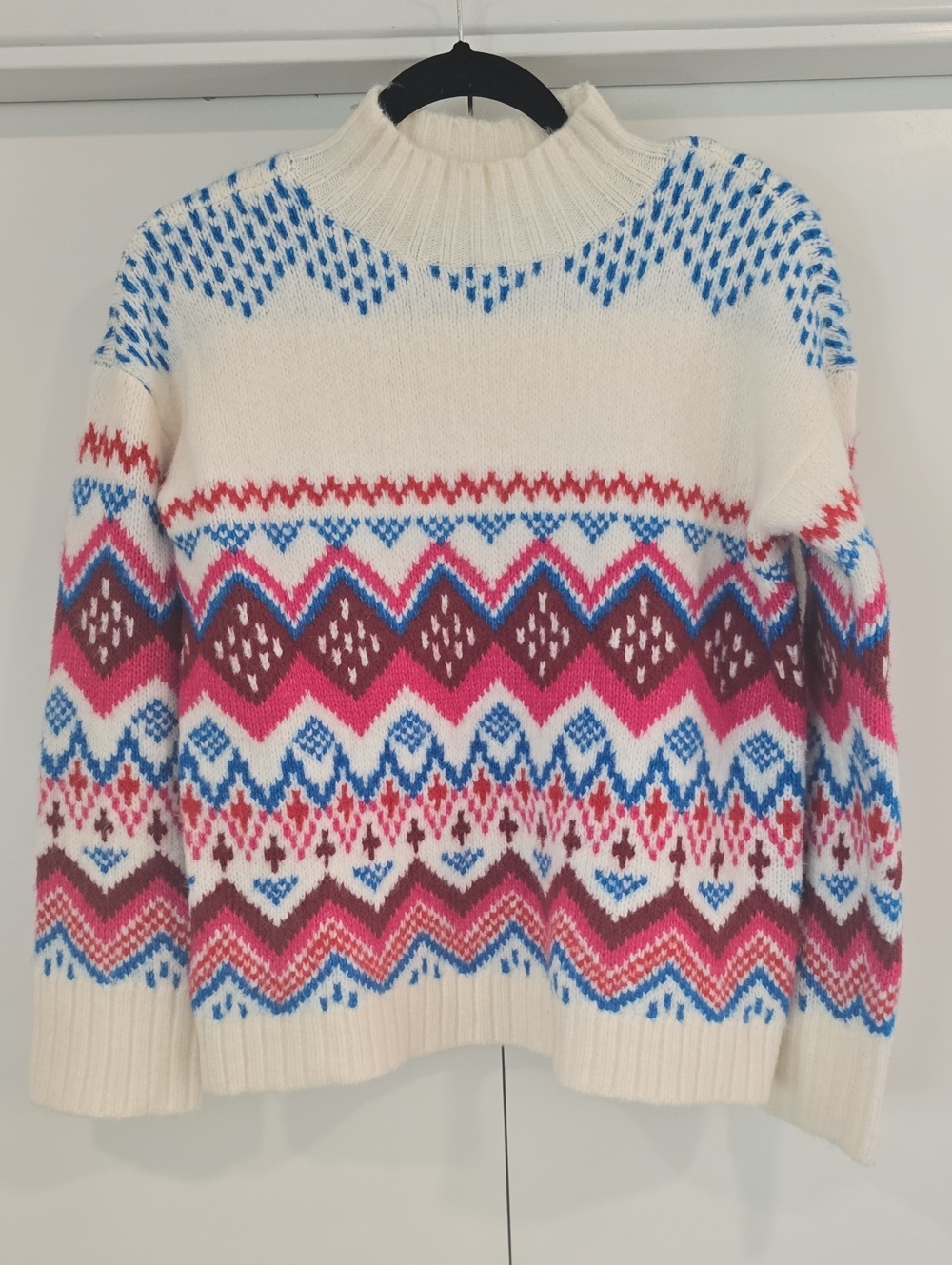 Women's Cream Fair Isle Pattern Sweater with Pink & Blue Accents